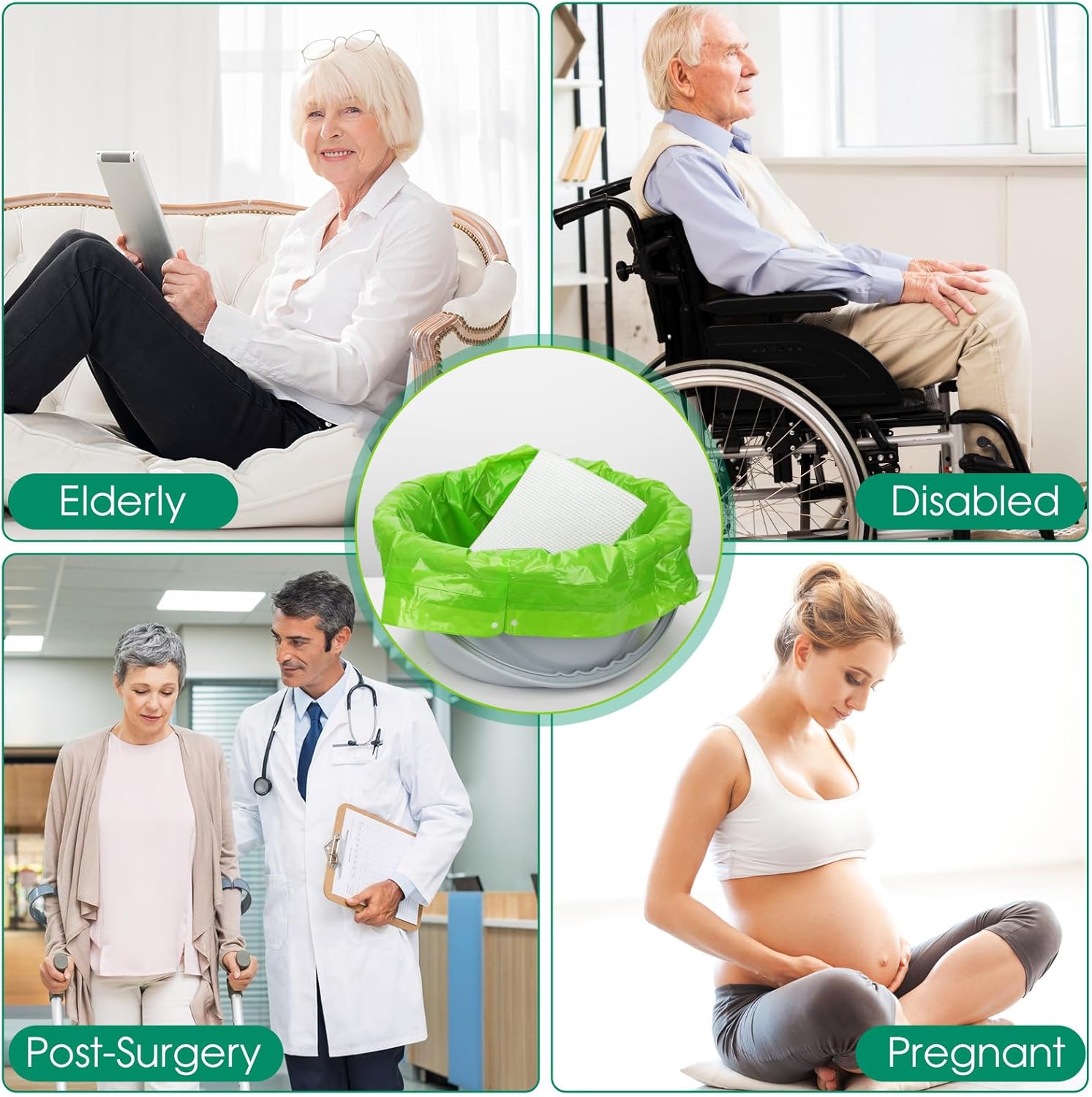 Bedside Commode Liners with Absorbent Pads, Disposable Commode Bags/Pads, Adult Potty Chair Liners, Portable Commode Poop Bag for Commode Chair, Bedpan, Bucket Toilet, 100Bags+100Pads