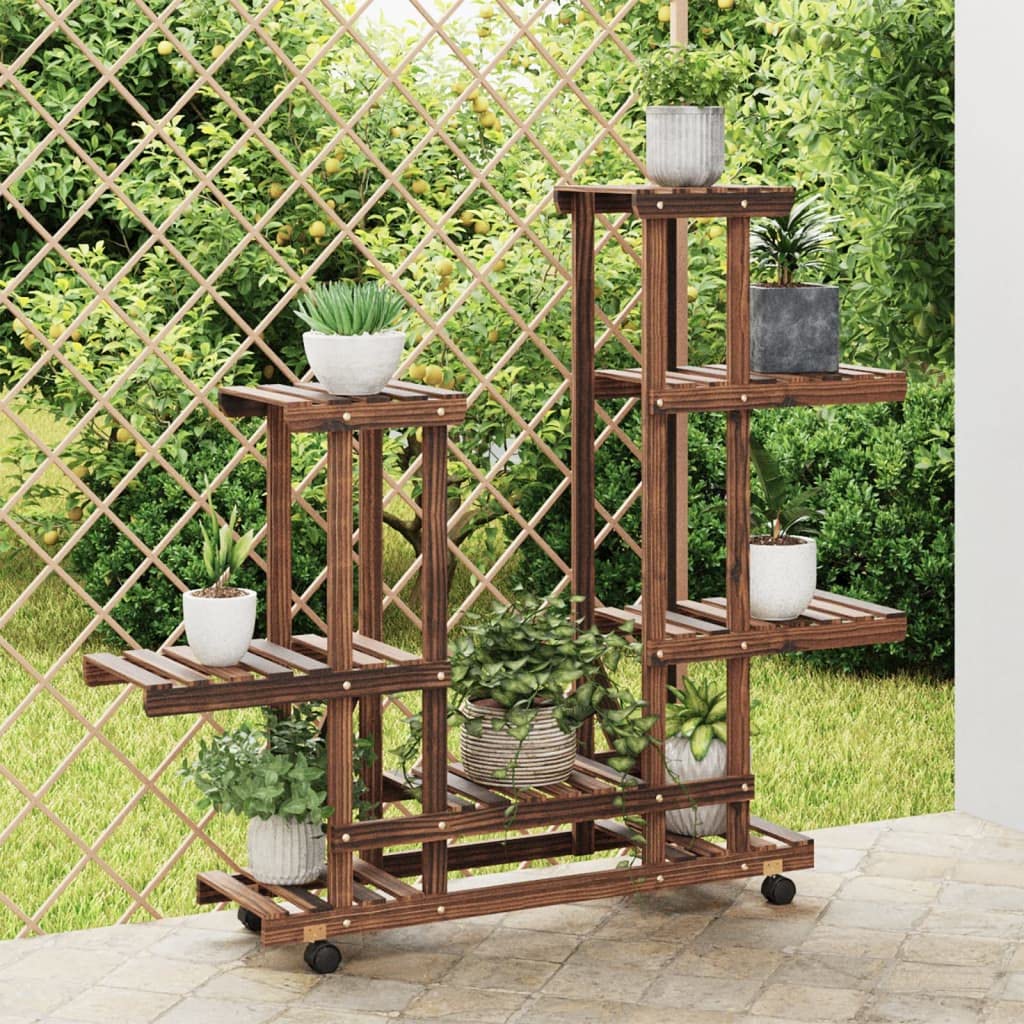 SYDE Supporto per fiori in legno di abete, 95 x 25 x 101 cm | Carbonizzato artigianale, ruote a 360°, resistente all'umidità, uso interno ed esterno