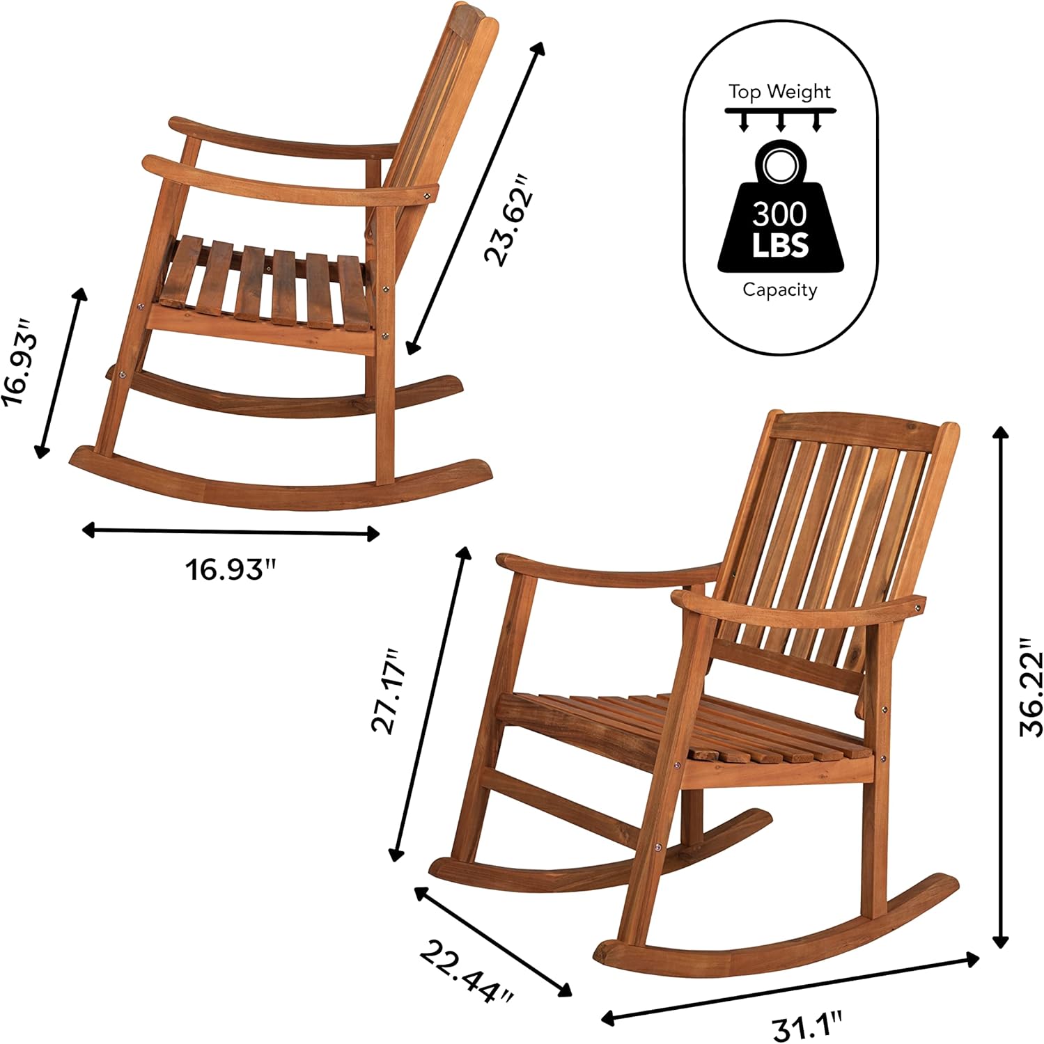 JONATHAN Y RCK102A Penny Classic Slat-Back 300-Lbs Support Acacia Wood Patio Outdoor Rocking Chair for Garden, Lawn, Backyard, Pool, Deck, Beach, Firepit, Teak