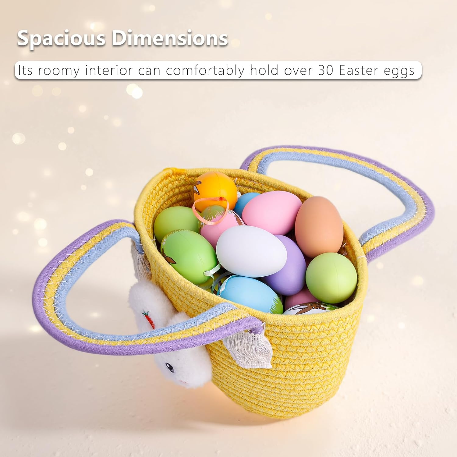 Exun Easter Bunny Basket for Kids, Cute Cotton Tote Bag Hand-Woven Handbag with Rainbow Handles, Easter Egg Hunt Basket Bags for Boys, Girls, Toddler, Babies, Eastergift basket Personalized (Yellow) image 3