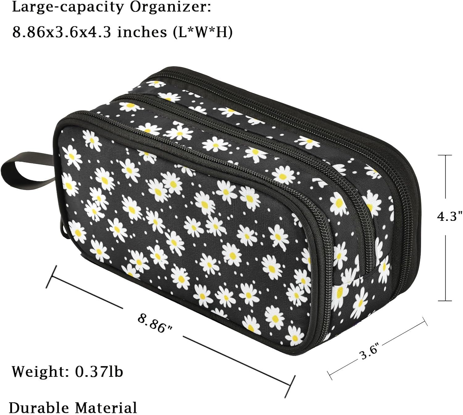 Fustylead Little Daisy Pencil Pen Case 3 Compartments, Lightweight & Spacious Pencil Pouch Zipper Stationery Bag for Teen Boys Girls School Students - Image 4