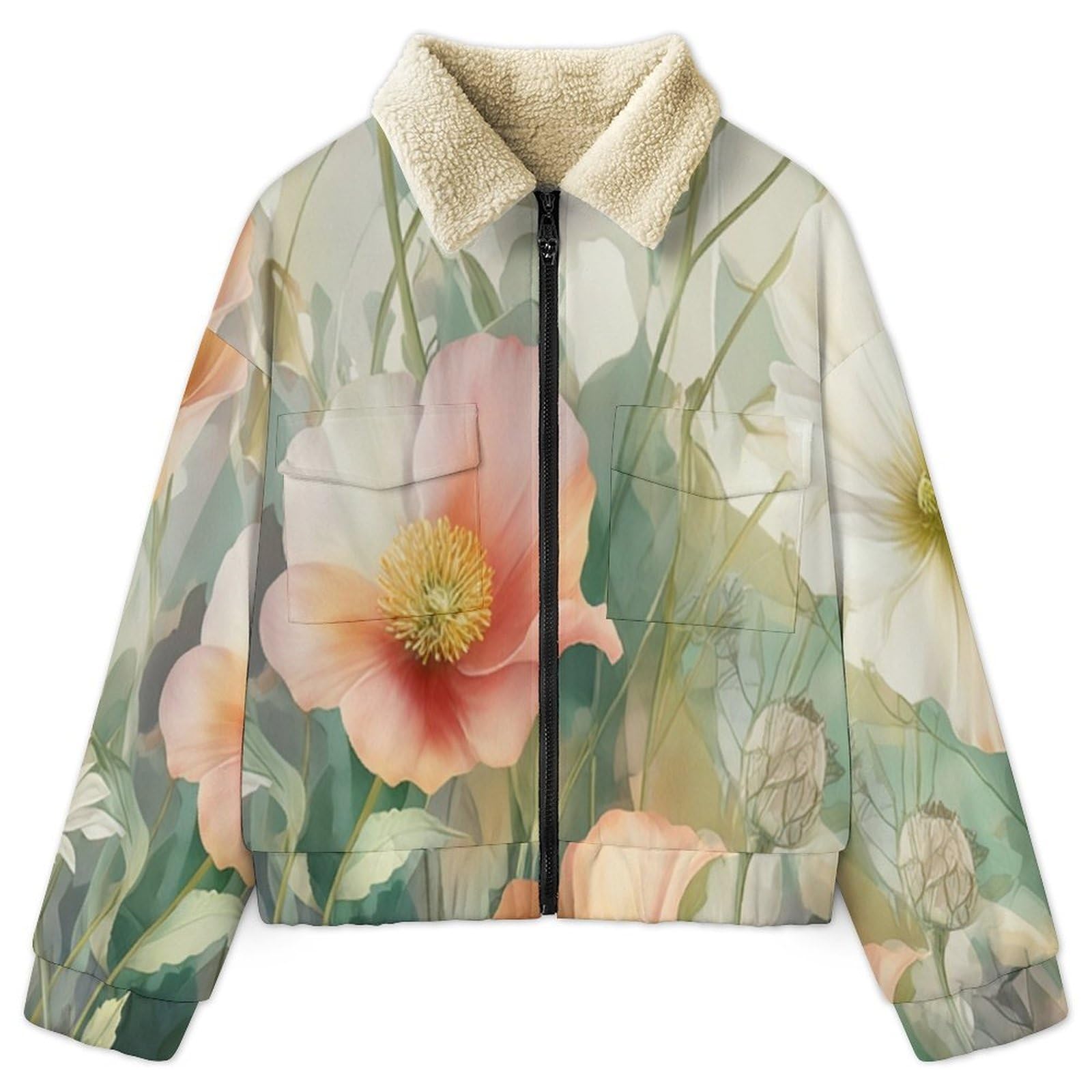 Giacca in Pile Caldi da Donna, Fiori natura Moda con Stampa a Papavero Margherita, Invernale, a Maniche Lunghe, con Chiusura Lampo, Spessa, Comoda, con Tasche