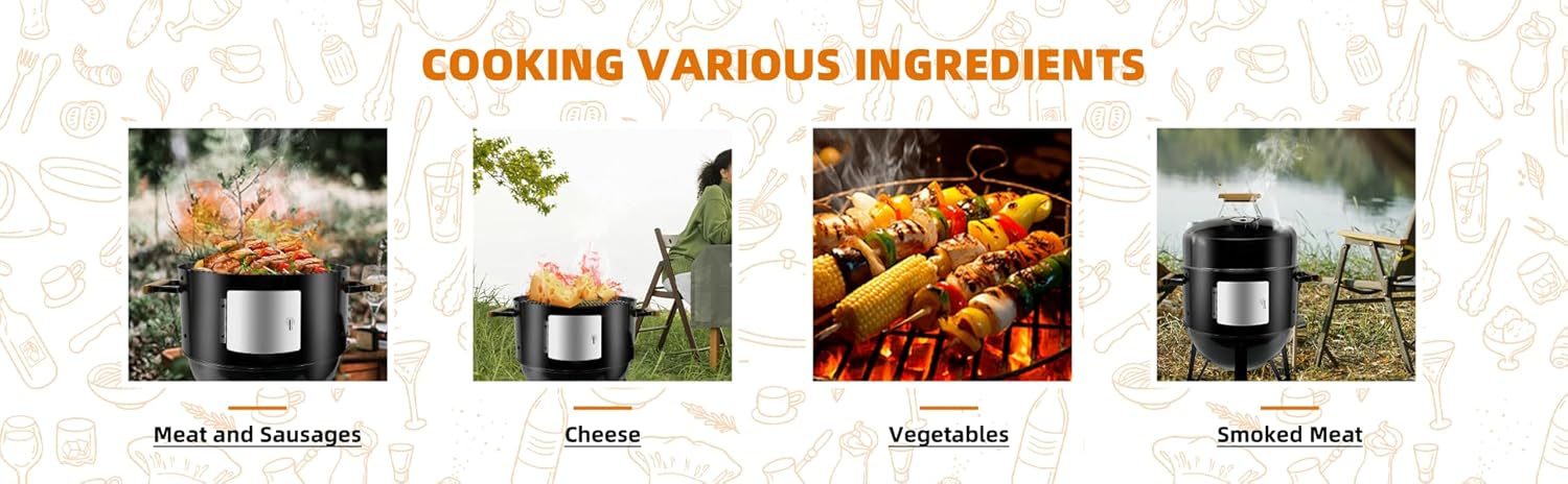 17.5" Heavy duty smoker grill & BBQ cover Rack with 4 hooks wooden handles single door design Large capacity charcoal smoke BBQ XL for parties in backyard