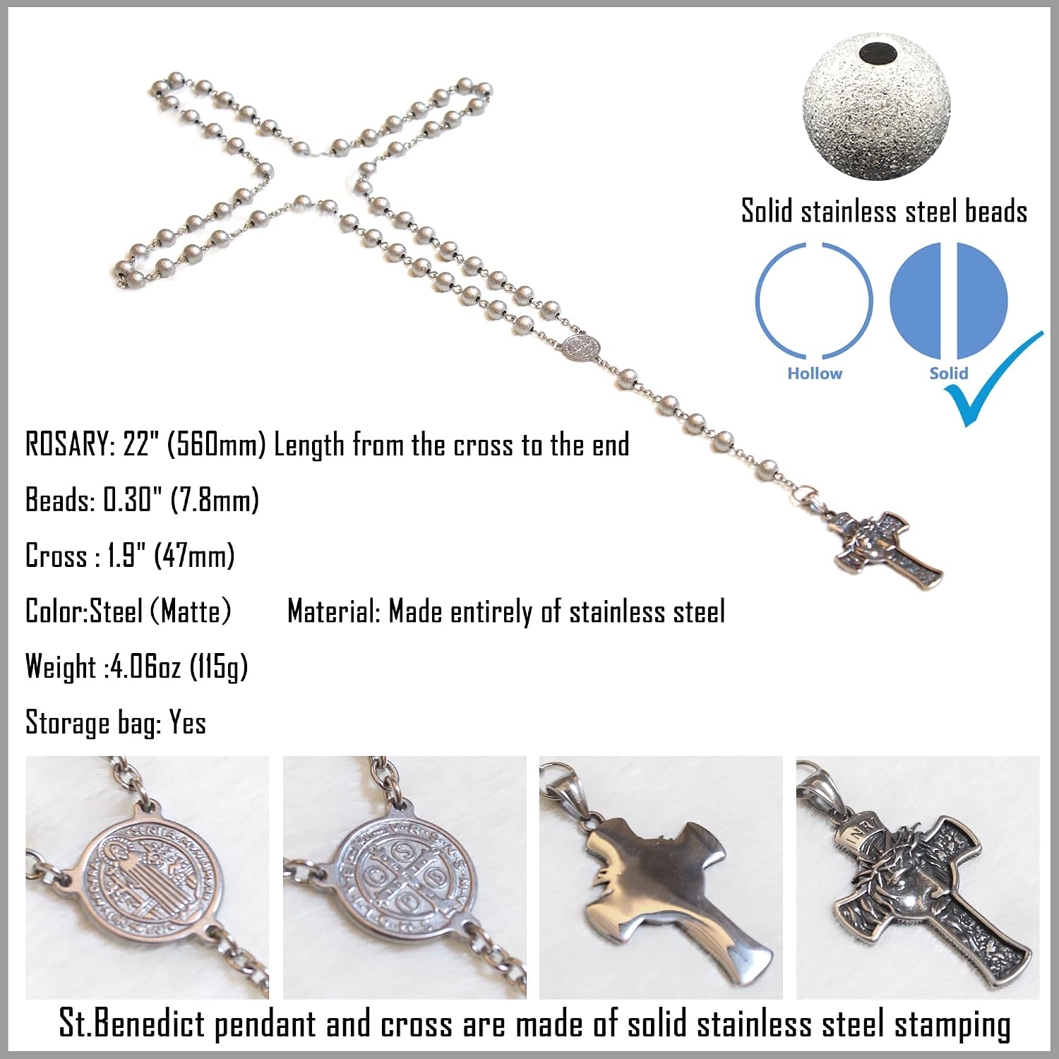 Premium Stainless Steel Men's Rosary Beads Chaplet Rosery Cross Catholic For men boy gifts