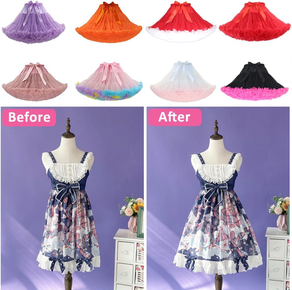 PhilaeEC Women's Elastic Chiffon Petticoat Puffy Tutu Tulle Skirt Princess Ballet Dance Pettiskirts Underskirt Multi-Layer