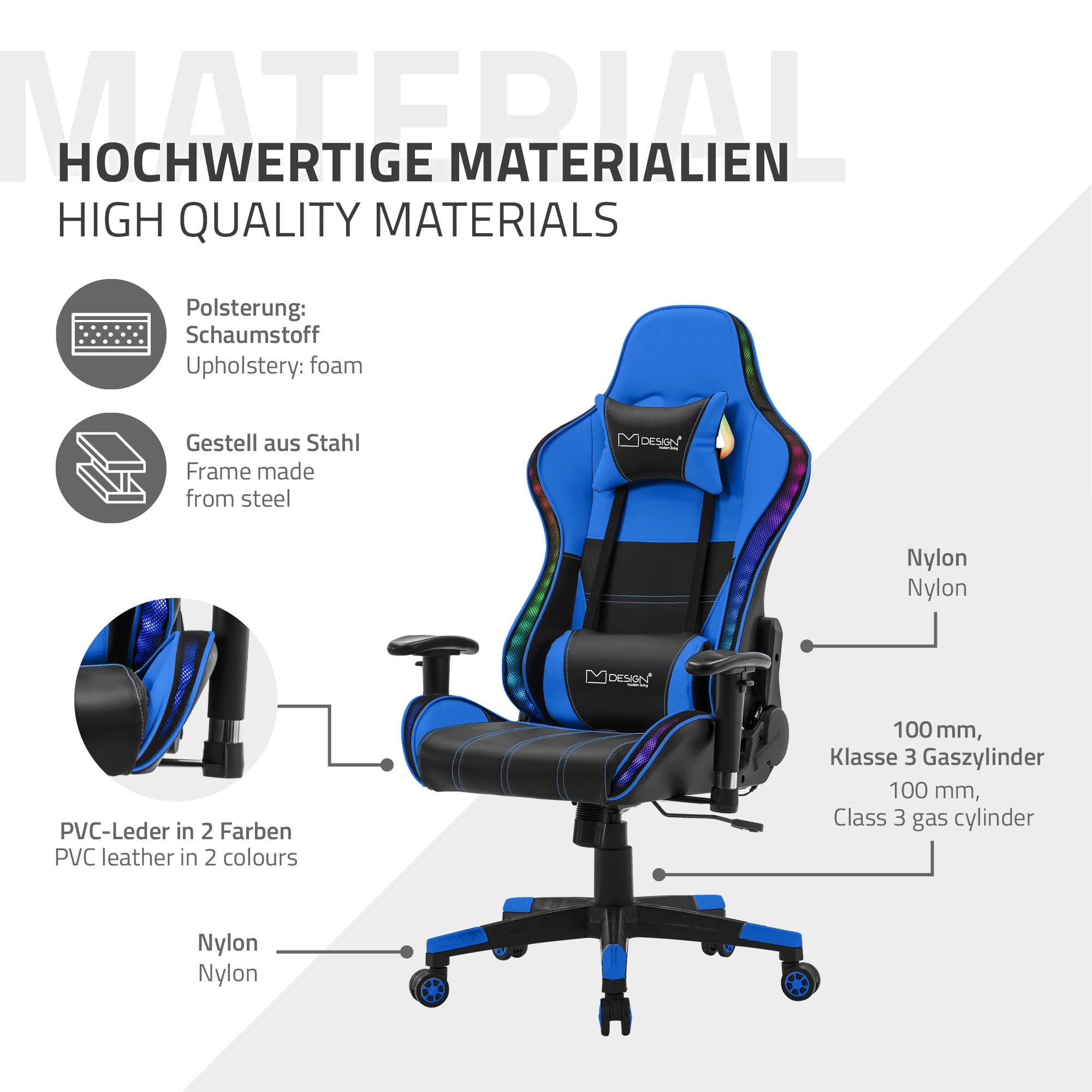 ML-Design Sedia da Gaming Illuminazione LED RGB e Altoparlanti Bluetooth e Cuscino Lombare Ecopelle Blu Poltrona Ufficio Ergonomica Confortevole Braccioli Poggiatesta Altezza Regolabile Reclinabile