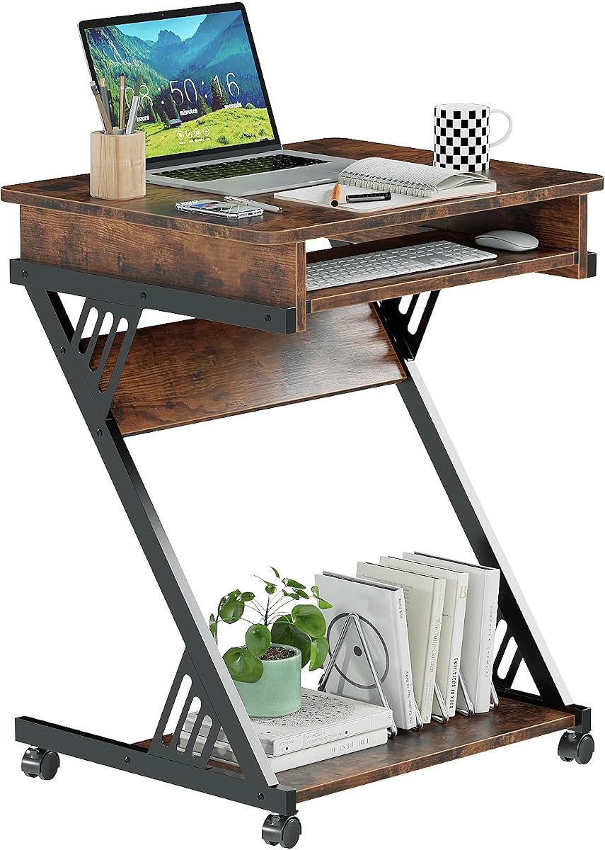 Computer Desk for Small Spaces Compact Desk with Keyboard Tray | 23.6" Z-Shaped, with Wheels and Bottom Shelves, for Home Office, Computer Cart Mobile Laptop Cart, Rustic Brown