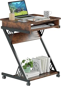 ALISENED Computer Desk for Small Spaces, 23.6" Z-Shaped Compact Study Table with Smooth Keyboard Tray with Wheels and Bottom Shelves for Home Office, Computer Cart Mobile Laptop Cart, Rustic Brown