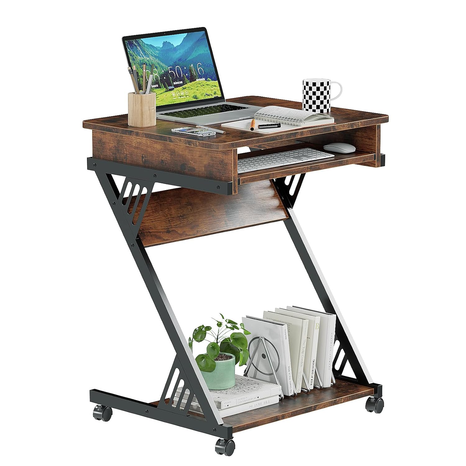 ALISENED Computer Desk for Small Spaces, 23.6" Z-Shaped Compact Study Table with Smooth Keyboard Tray with Wheels and Bott