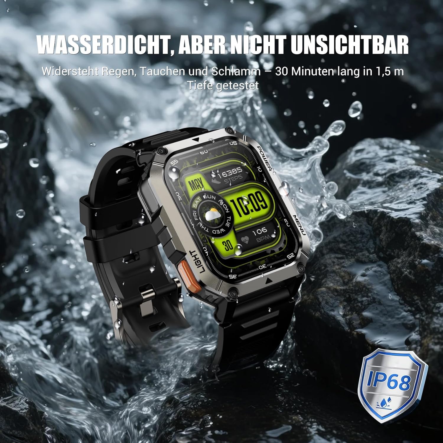 IOWODO Militär Smartwatch Herren,100 Tage Akku, LED Taschenlampe, Bluetooth-Anrufe, Kompass, 100+ Sportmodi, Herzfrequenz- & SPO₂-Monitor, IP68 Wasserdicht, Schlafüberwachung