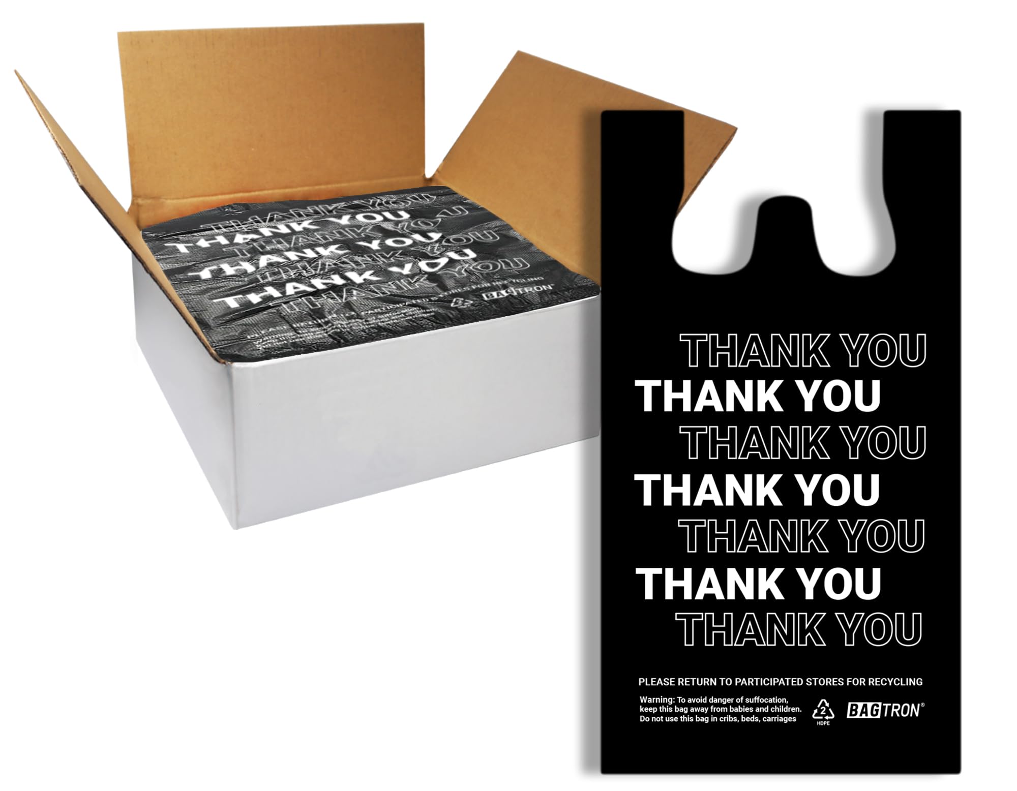 Bagtron Thank You T-Shirt Carry-Out Bags, Disposable Plastic Bags with Handles for Shopping and Restaurant, 1/6 Barrel, 0.49 Mils, Black/White, 12" x