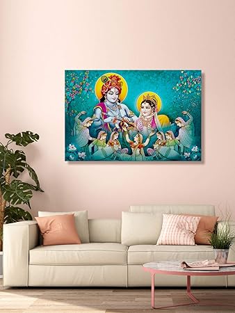 999Store Wooden Stretched Lord Krishna murals paintings wall radha krishna photo frame painting Radha and Dancing Gopis Wall frames canvas modern stylish room decor home hanging ( Canvas 24X36 Inches Strectched Canvas) FLP24360139