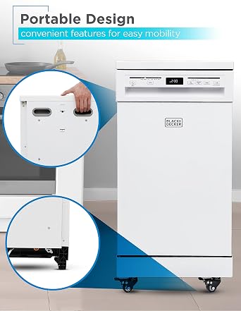 BLACK+DECKER 18 Portable Dishwasher, Compact Dish Washer with 8-Place Setting Capacity, Stainless Steel Tub, 6 Wash Programs, Worktop Space, Mobile Dishwasher with Casters, Faucet Connect, White