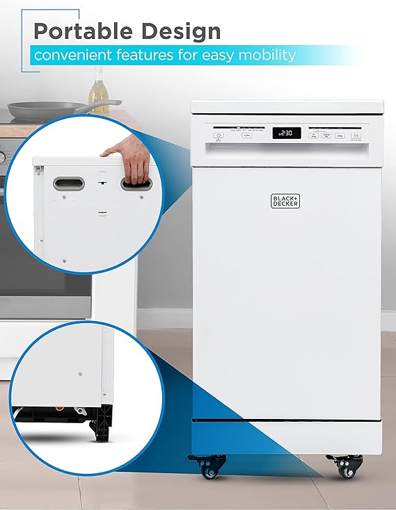BLACK+DECKER 18 Portable Dishwasher, Compact Dish Washer with 8-Place Setting Capacity, Stainless Steel Tub, 6 Wash Programs, Worktop Space, Mobile Dishwasher with Casters, Faucet Connect, White
