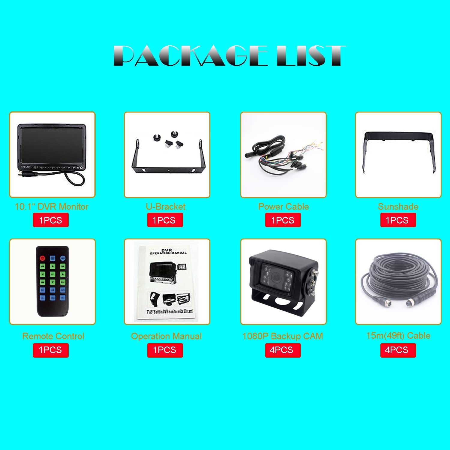 10-calowy monitor System kamery cofania 1080P Rejestrator DVR Obsługa karty SD 256 GB 4-kanałowe wejście Quad Split Screen Kamera cofania 1080P do przyczepy ciężarówki RV Caravan