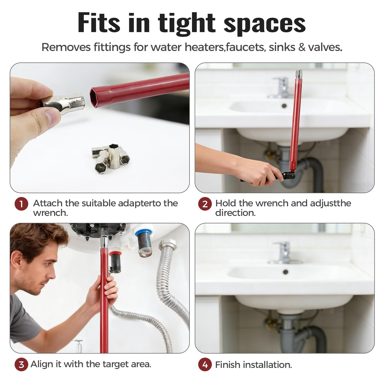lompyeu Jeu De Clé De Robinet De Lavabo Et Évier – 1 Clé De Robinet De 13 Mm Et 5 Adaptateurs (8-12 Mm), Outil De Plomberie Multifonction - 4