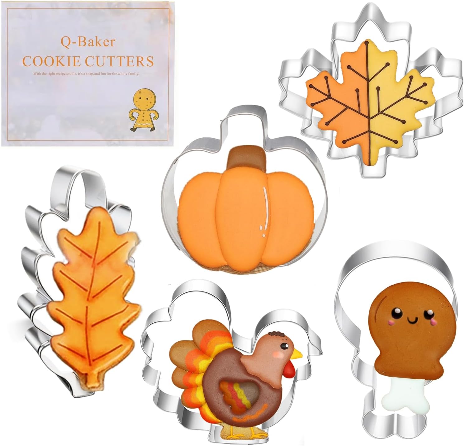 5 Piece Large Fall Thanksgiving Cookie Cutter, Holiday Cookie Cutters with Recipe Instruction Shapes of Maple Leaf, Turkey, Chicken Leg,Oak Leaf, Pumpkin,Stainless Steel Molds