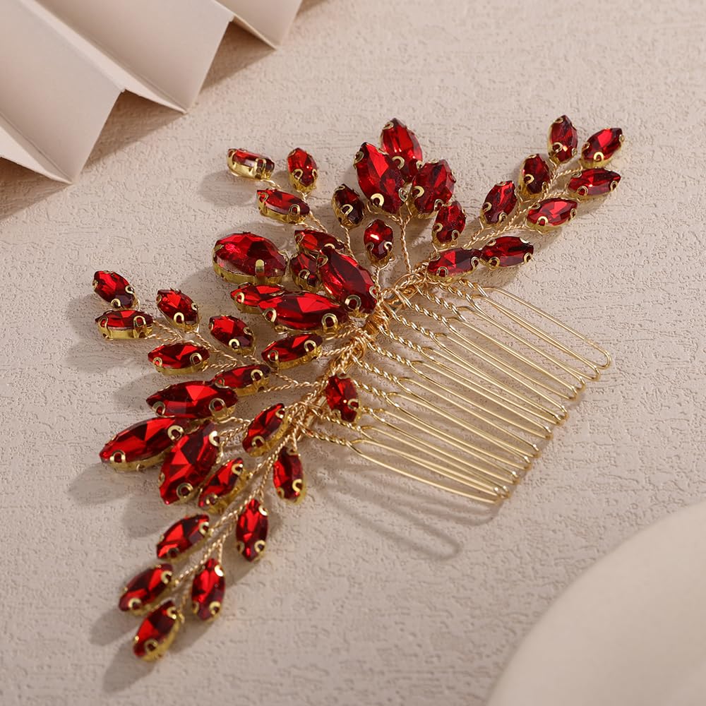 Red Rhinestones Hair Comb for Wedding Brides Handmade Hair Piece for Women Special Occasion Jewelry (Red) - Image 3