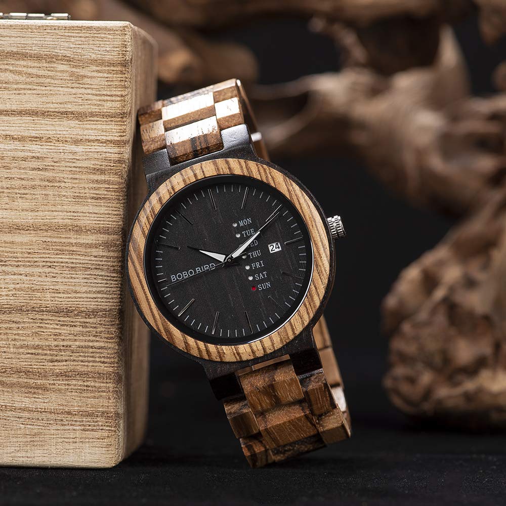BOBO BIRD Herren-Armbanduhr aus Holz, analog, Quarz, mit Wochenanzeige, leicht, handgefertigt, Holz-Armbanduhr für Herren