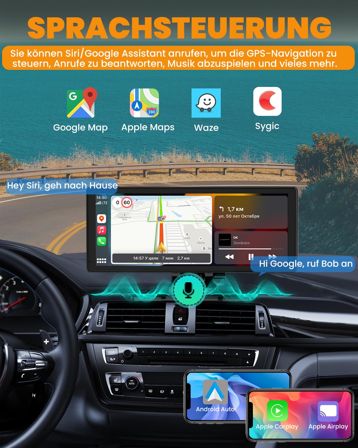 Carplay Display, 8.88" Apple Carplay, Android Auto Display mit 1080P HD Rückfahrkamera & Frontkamera, GPS Navigation, Freisprecheinrichtung, Mirror Link, FM, Einfacher Einbau