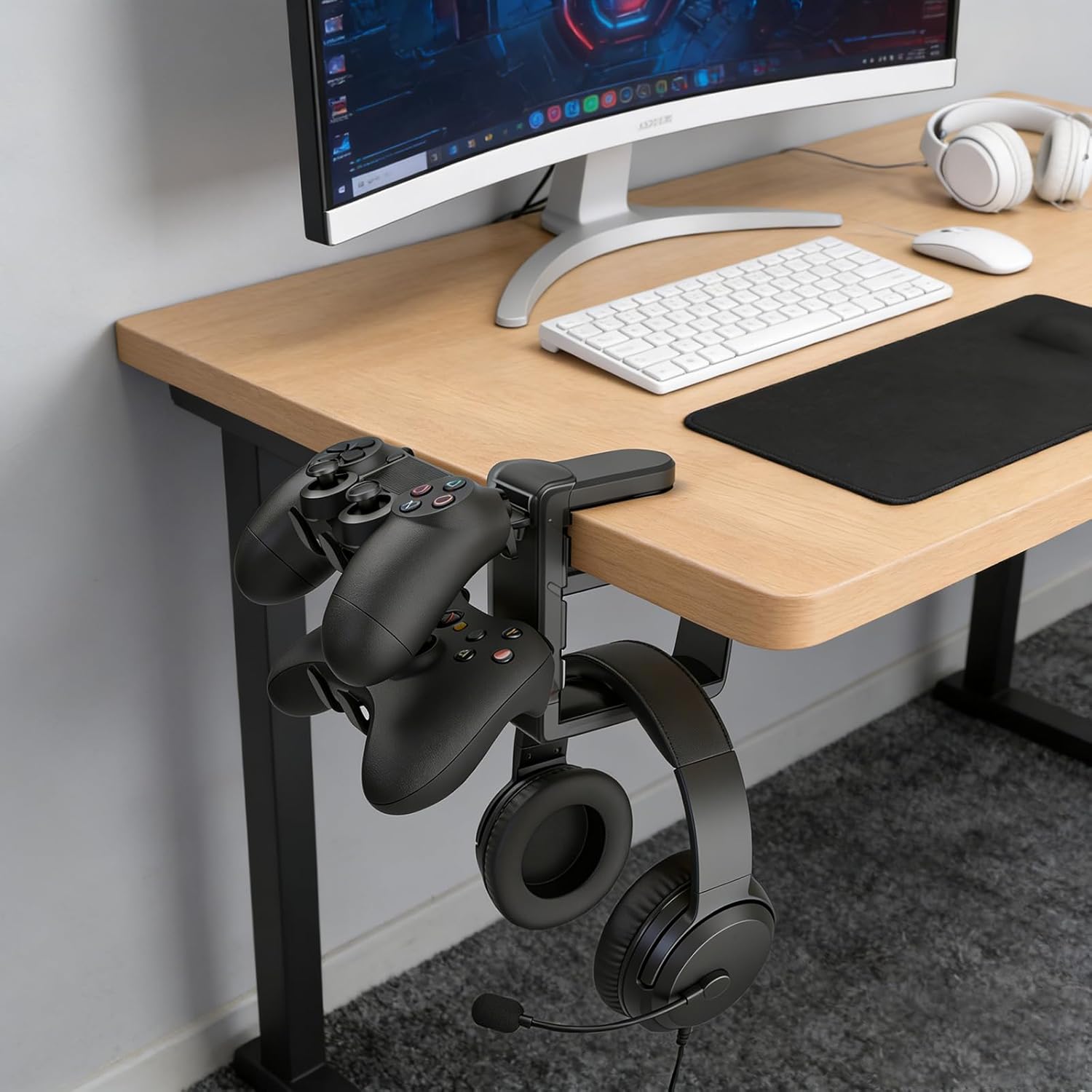 Controller Holder & Headphone Stand,3-in-1 Rotatable Under Desk Hook Compatible with PS5/Xbox,Dual Game Controller Stand & Headset Hanger, Gaming Desk Organizer (Black) - Image 4
