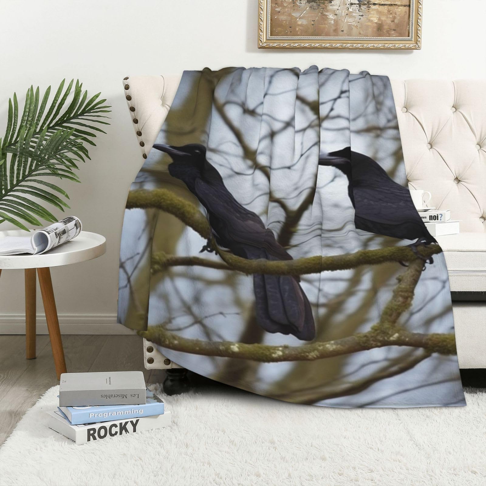 Couverture polaire douce contre le froid, grand plaid de lit chaud et réversible corbeau