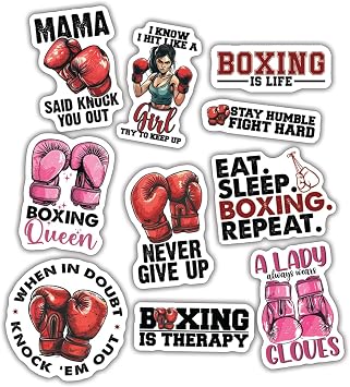 10pcs Boxing Sticker Sheet, Motivational Sports Vinyl Decals for Fighters, Coaches, Fans, Athletes, Funny and Inspirational Boxing, Waterproof, UV-Resistant, for Laptop, Water Bottle, Journal, Locker