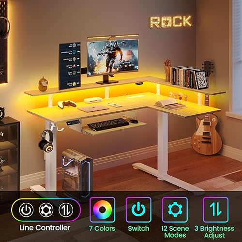 Miniatura 4 de Rolanstar L Shaped Standing Desk with Keyboard Tray, Height Adjustable Corner Desk with LED Light & Power Outlet, Electric Sit Stand Computer Desk
