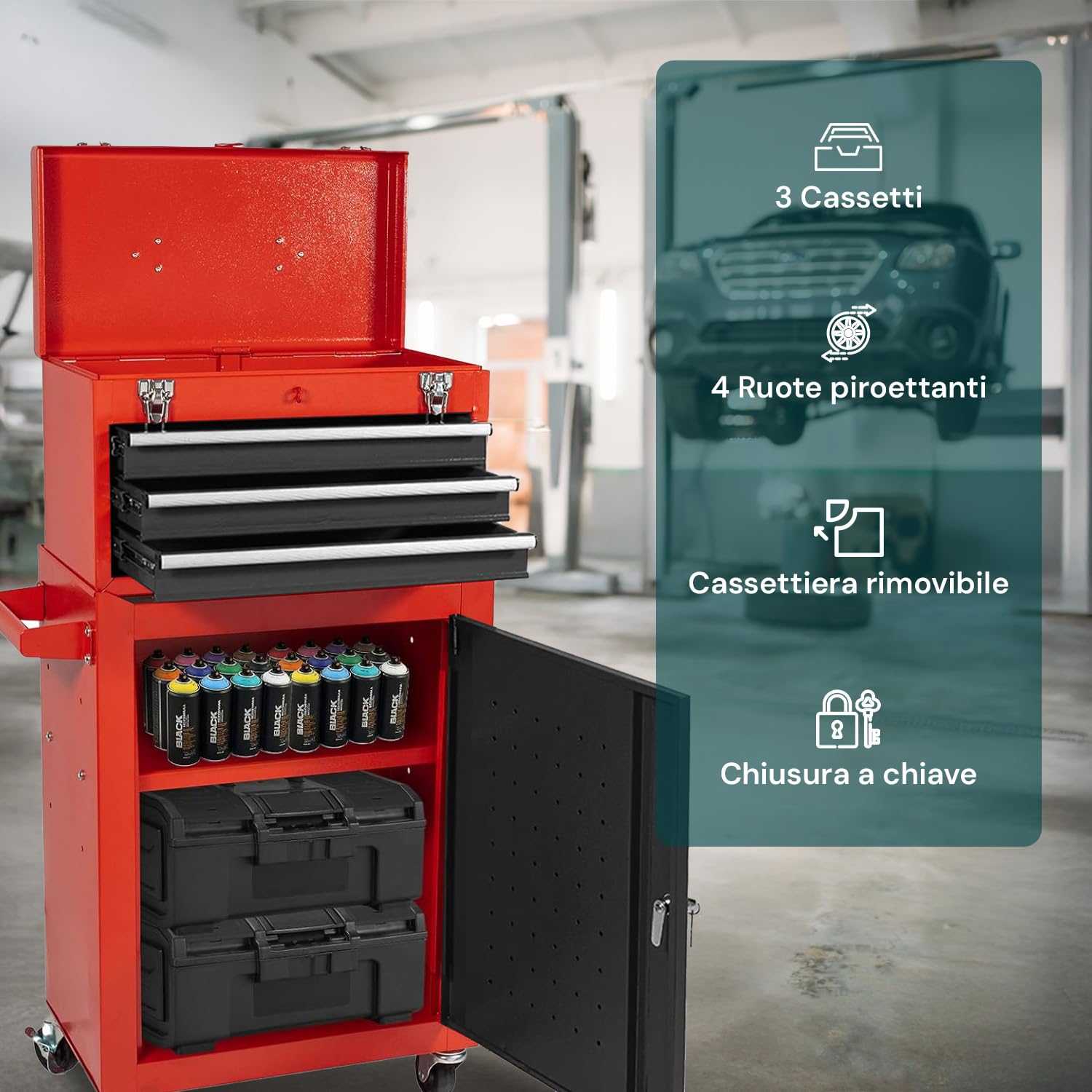 Avilia - Carrello Porta Attrezzi Professionale con 3 Cassetti Scorrevoli e Armadietto con Serratura per Garage e Officina, Struttura in Metallo Verniciato Facile da Spostare