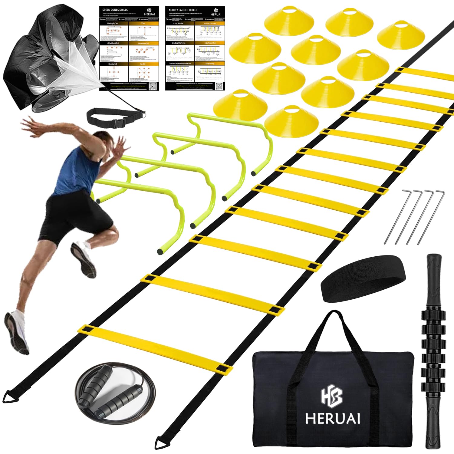 Set di Attrezzature per Allenamento di velocità di agilità, Scala da 6 m, 4 Ostacoli, 10 Coni di velocità, Paracadute da Corsa, Calcio, Basket, Calcio, Attrezzatura per Allenamento per Bambini