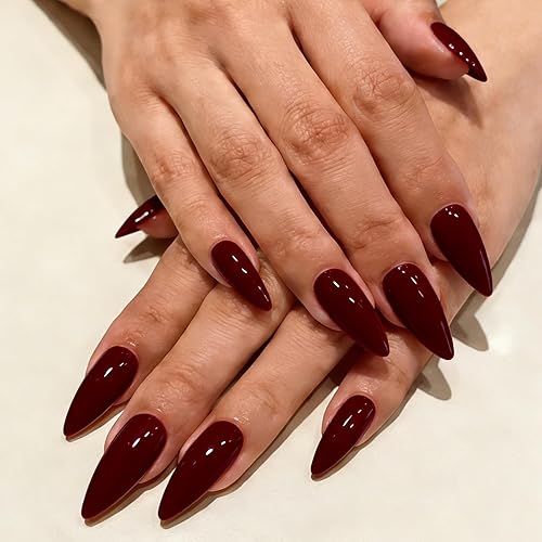 Stiletto Press on Nails, Burgundy Stiletto Fake Nails Glossy Long