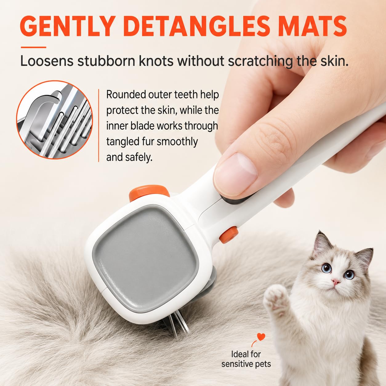 Pettine districante 2 in 1 con lama di sicurezza – Pettine per sottopelo e strumento di districamento per cani e gatti – Districa i nodi ed elimina i peli morti, delicato sulla pelle, manico