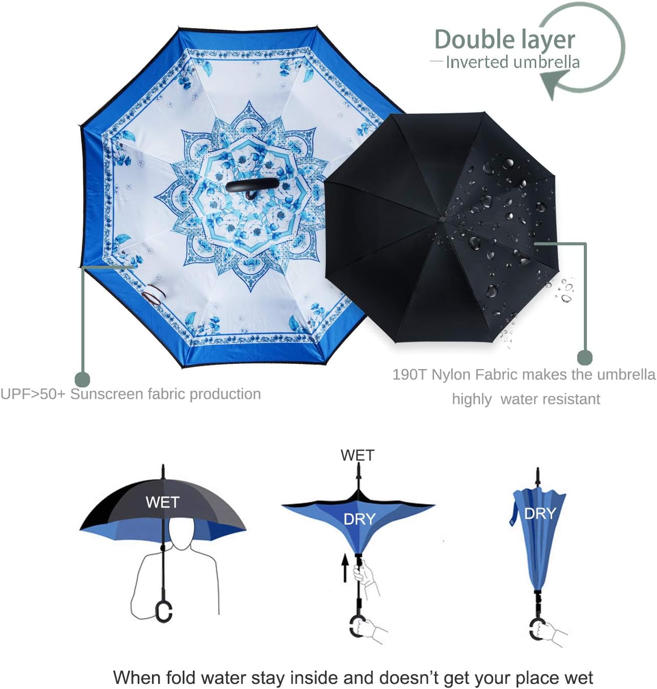 ZOMAKE Auto Open Inverted Umbrella Double Layer Reverse Umbrella, UV Protection Windproof Straight Umbrella Inside Out Umbrella for Car Rain Outdoor with C-Shaped Handle