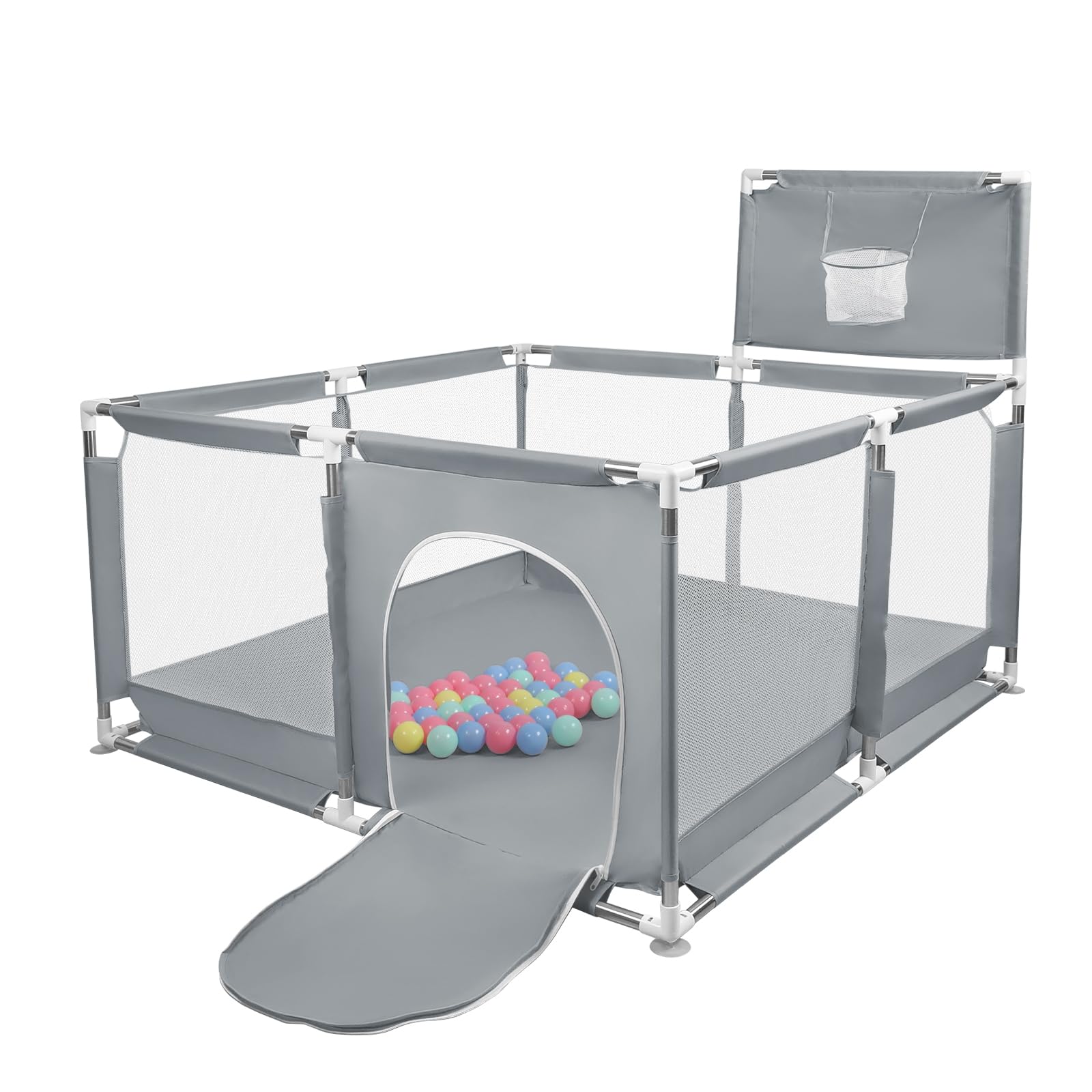 Box per Bambini, Recinto per Bambini Pieghevole in Tessuto Oxford con Rete Traspirante, Box per Neonati con Giochi che Include 50 Palline (126 x 126 x 66 cm, grigio scuro)