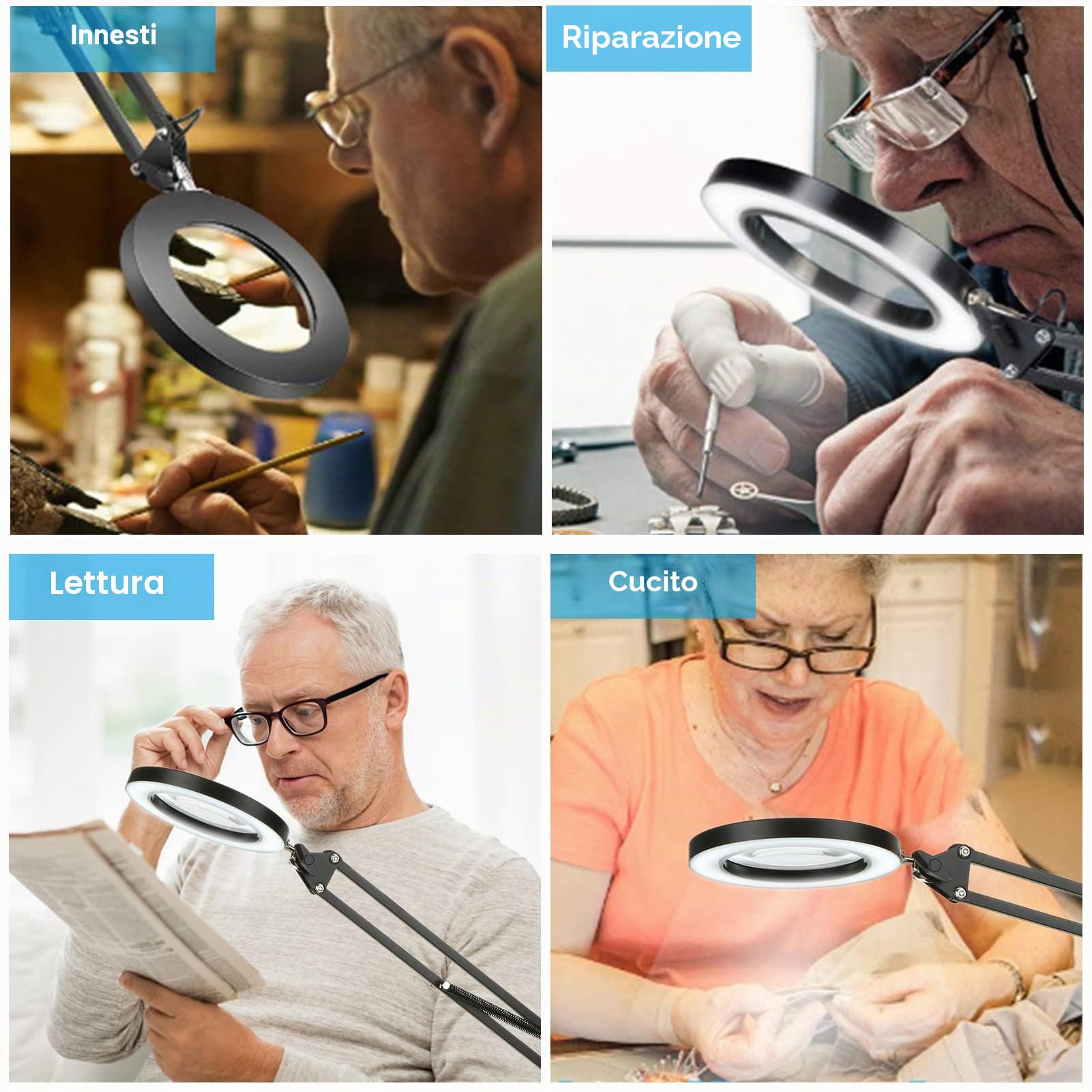 Kavolet Lente d'Ingrandimento con LED, Lampada da Tavolo Pieghevole, Luce a Morsetto, Ingrandimento 8X, 10 Livelli di Luminosità, 3 Colori, Angolo di Illuminazione ruotabile, Alimentata Tramite USB