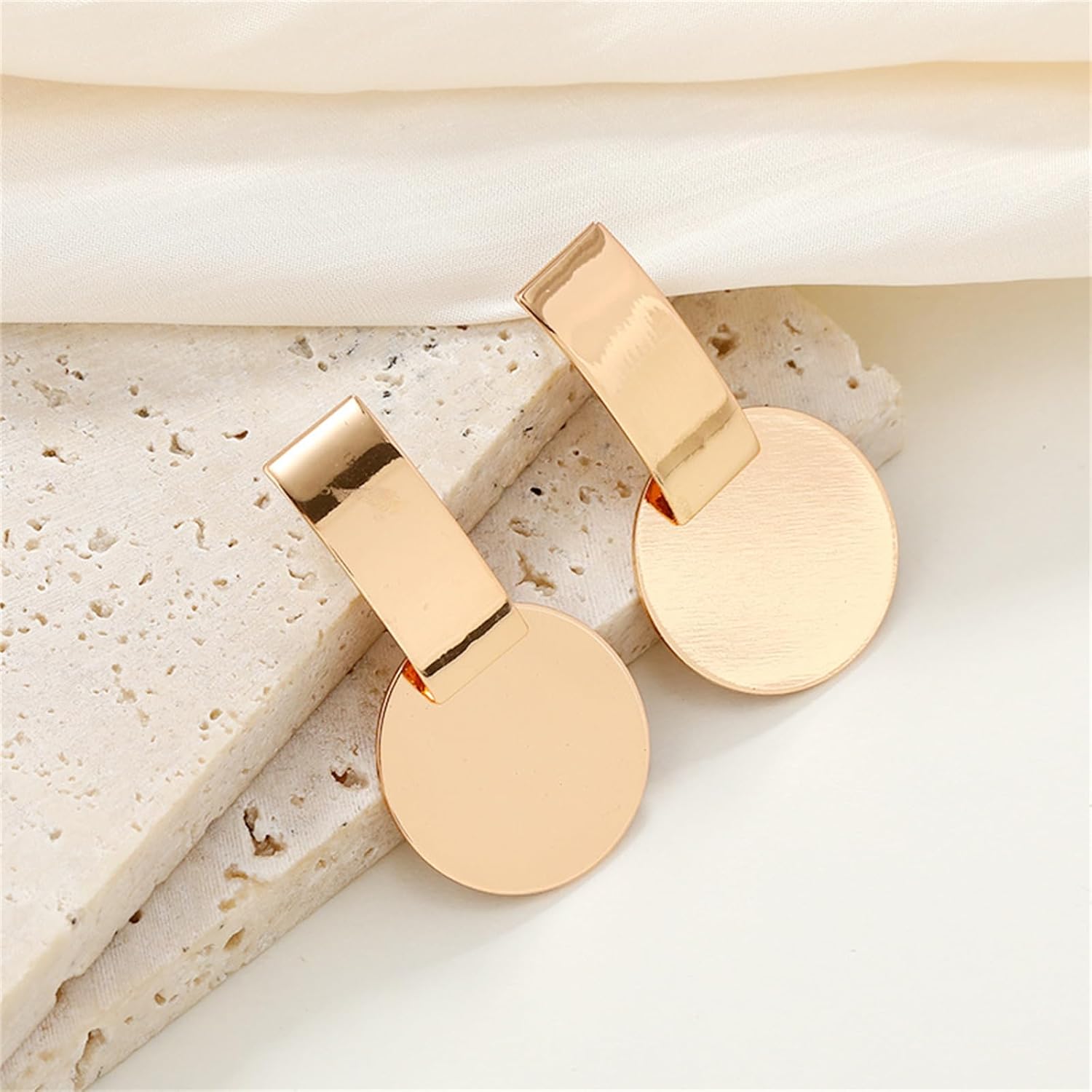 Gold Plated Round Disc Earrings for Women Dainty Statement Double Layered Polished Circle Rectangle Geometric Lightweight Big Dangle Drop Earrings for Minimalist Holiday Fashion Jewelry Gifts - Image 4