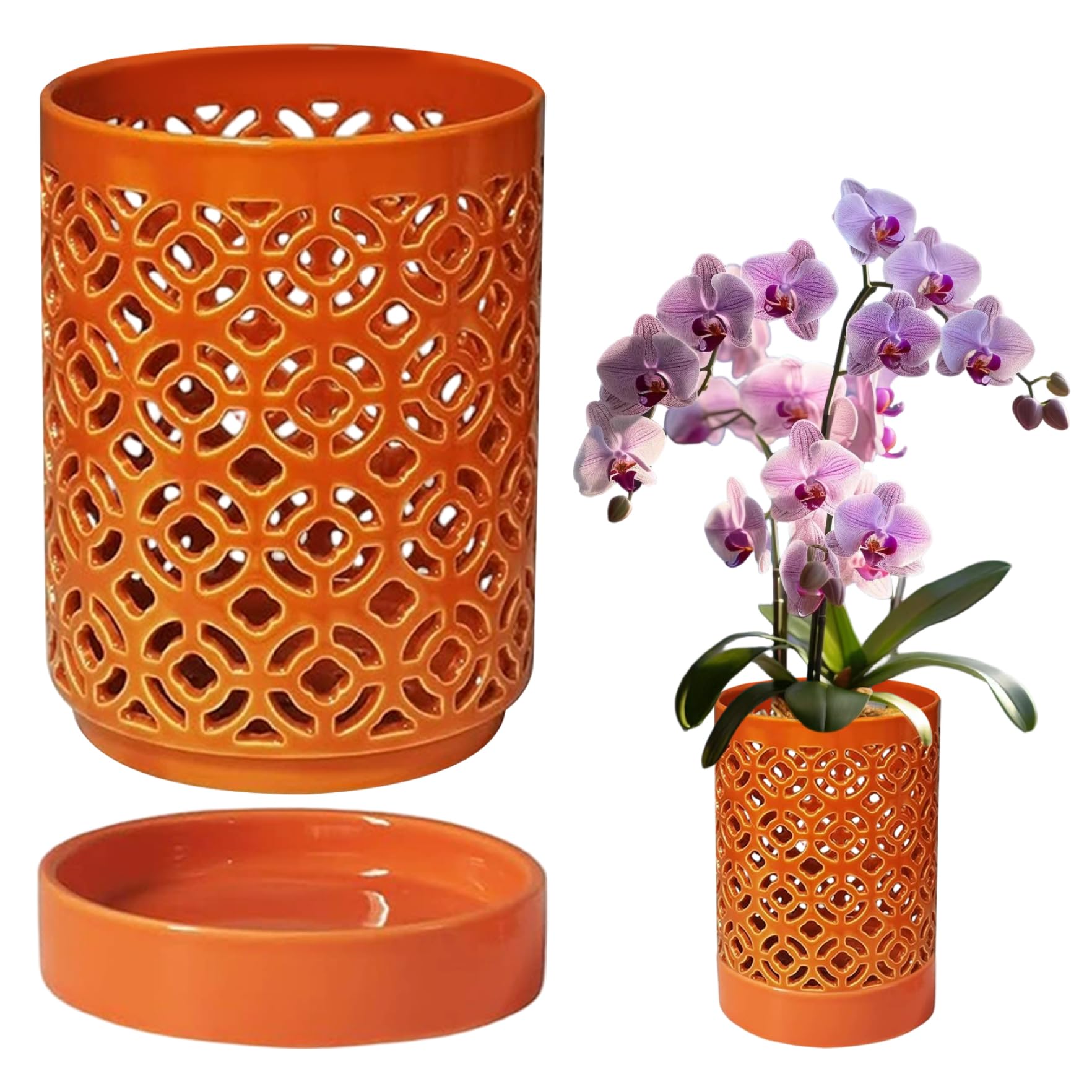 Faticenic Orchid Pots 5.5x4in Orchid Planter with Holes & Saucer & Drainage Ceramic Plant Pot for Indoor Outdoor Plants, Orange, Pots, Garden Décor