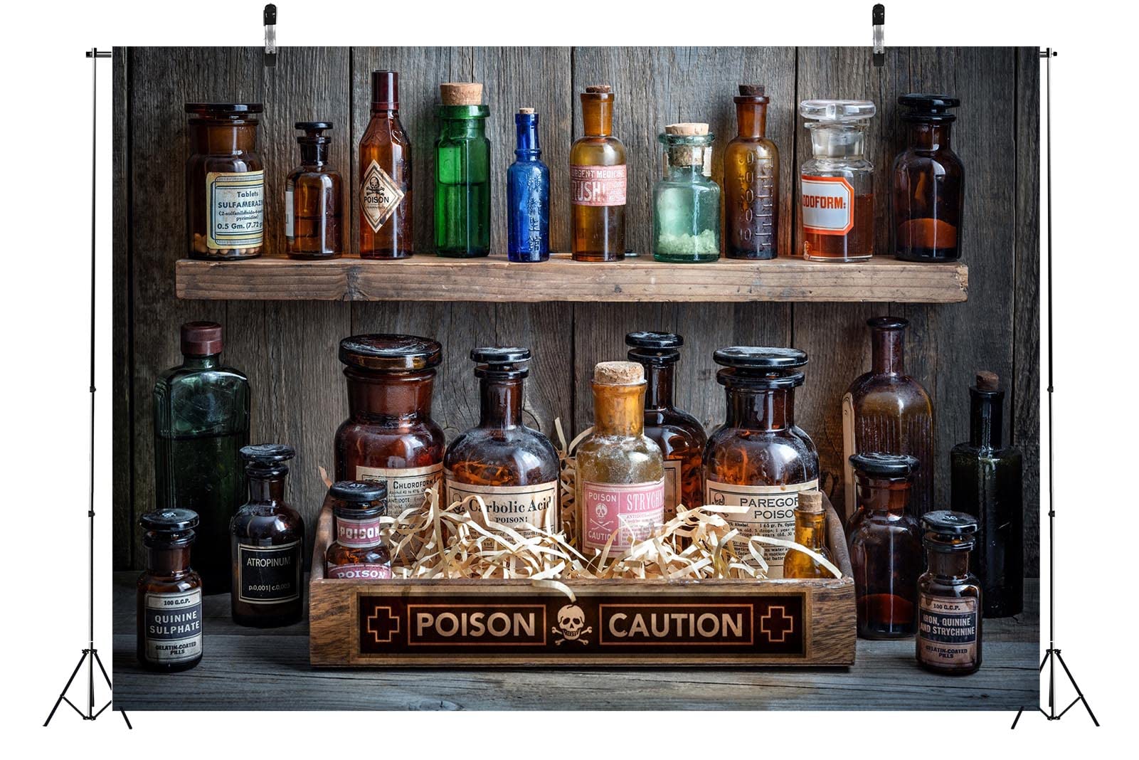BELECO 4.6x2.5m Fotohintergrund Stoff Halloween Chemielabor Zauberflaschen Gift Warnschild Hintergrund Hexenapotheke Grusel Labor Party Dekoration Fotozubehör