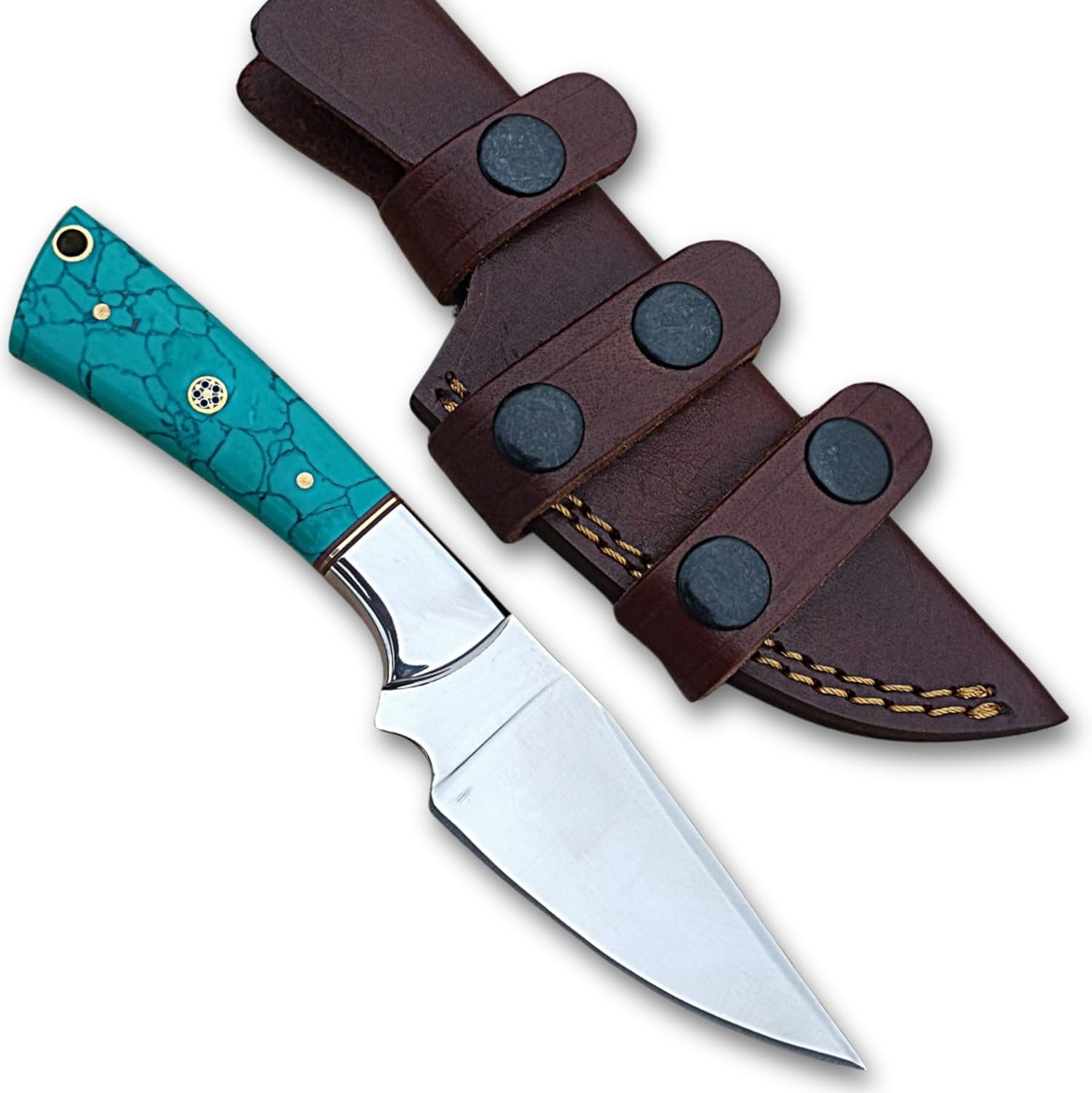 8in Small edc Fixed Blade knife with sheath Horizontal Carry Hunting knife with Sheath - Torquoise Handle