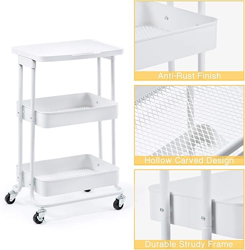 Miniatura 5 de APEXCHASER Carrito de almacenamiento de metal de 3 niveles con mesa práctica, carrito de metal de 3 niveles con mango contral para biblioteca,