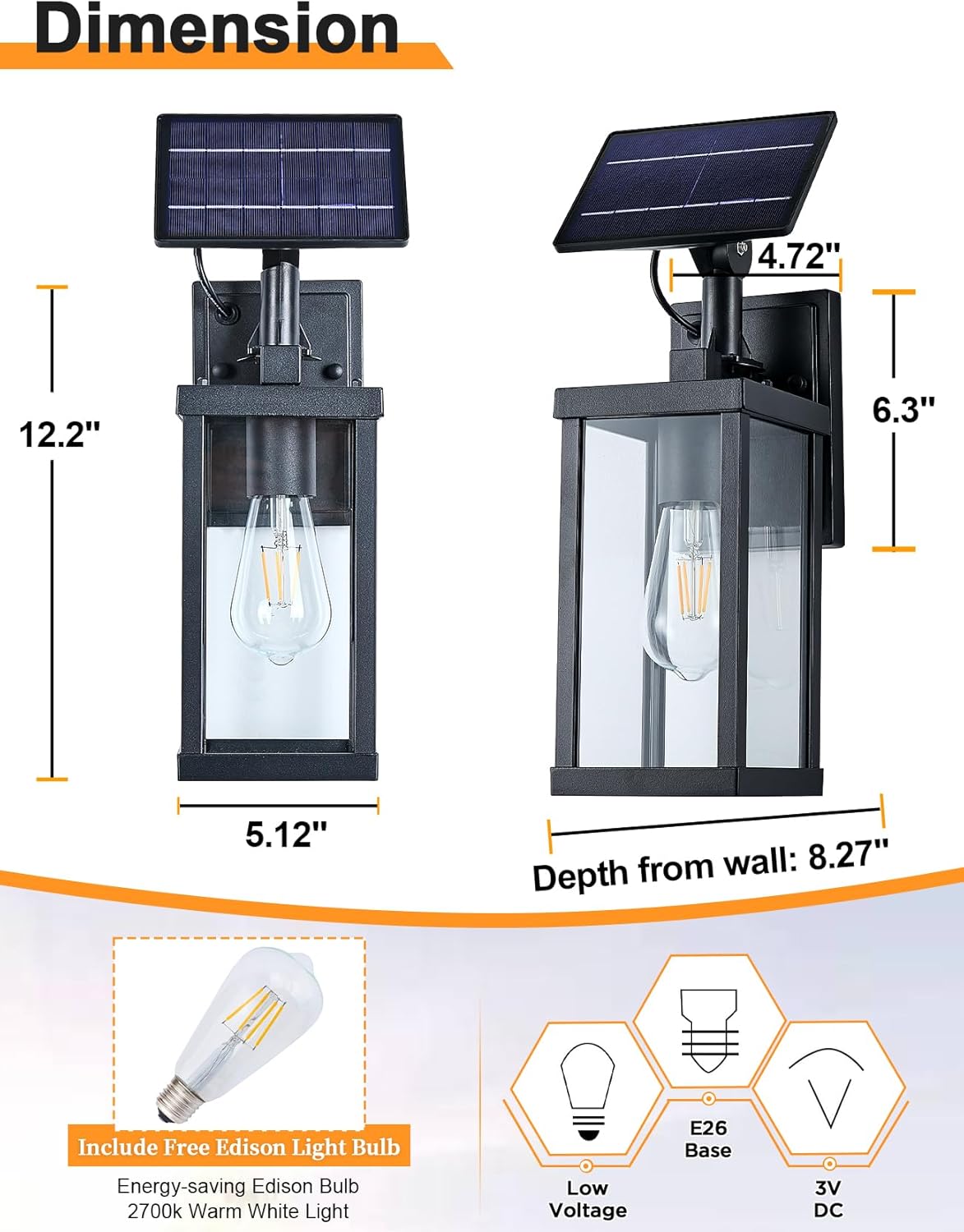 Solar Outdoor Wall Light Dusk to Dawn Sensor Exterior Wall Lamp Wireless Exterior Light Fixtures with Solar Panel Wall Mount Porch Light Waterproof Outside Wall Sconce E26 Outside House Light