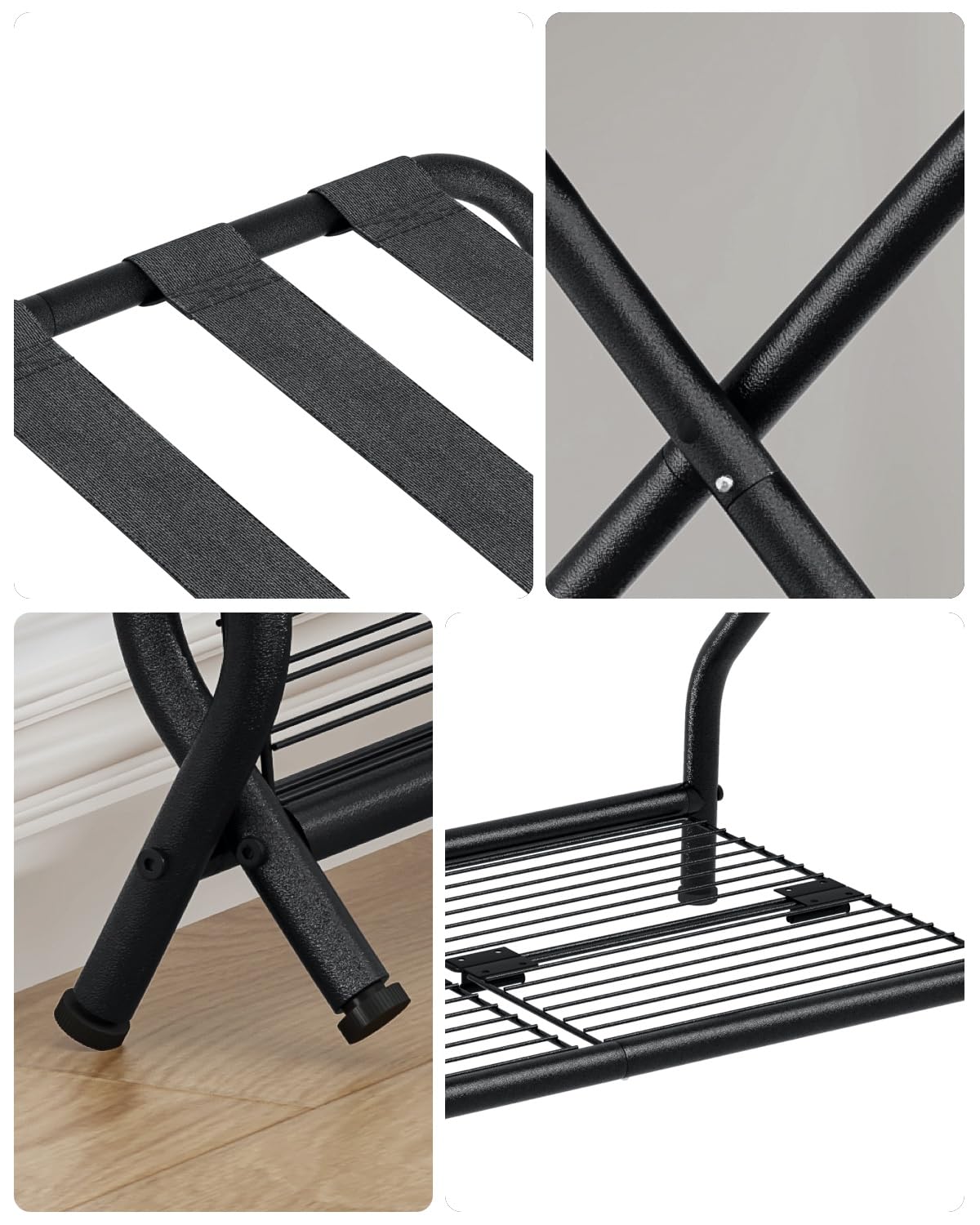 Portaequipajes, soporte para maleta con estante de almacenamiento, soporte de equipaje de metal plegable para habitación de invitados, dormitorio, hotel LR-BK-1