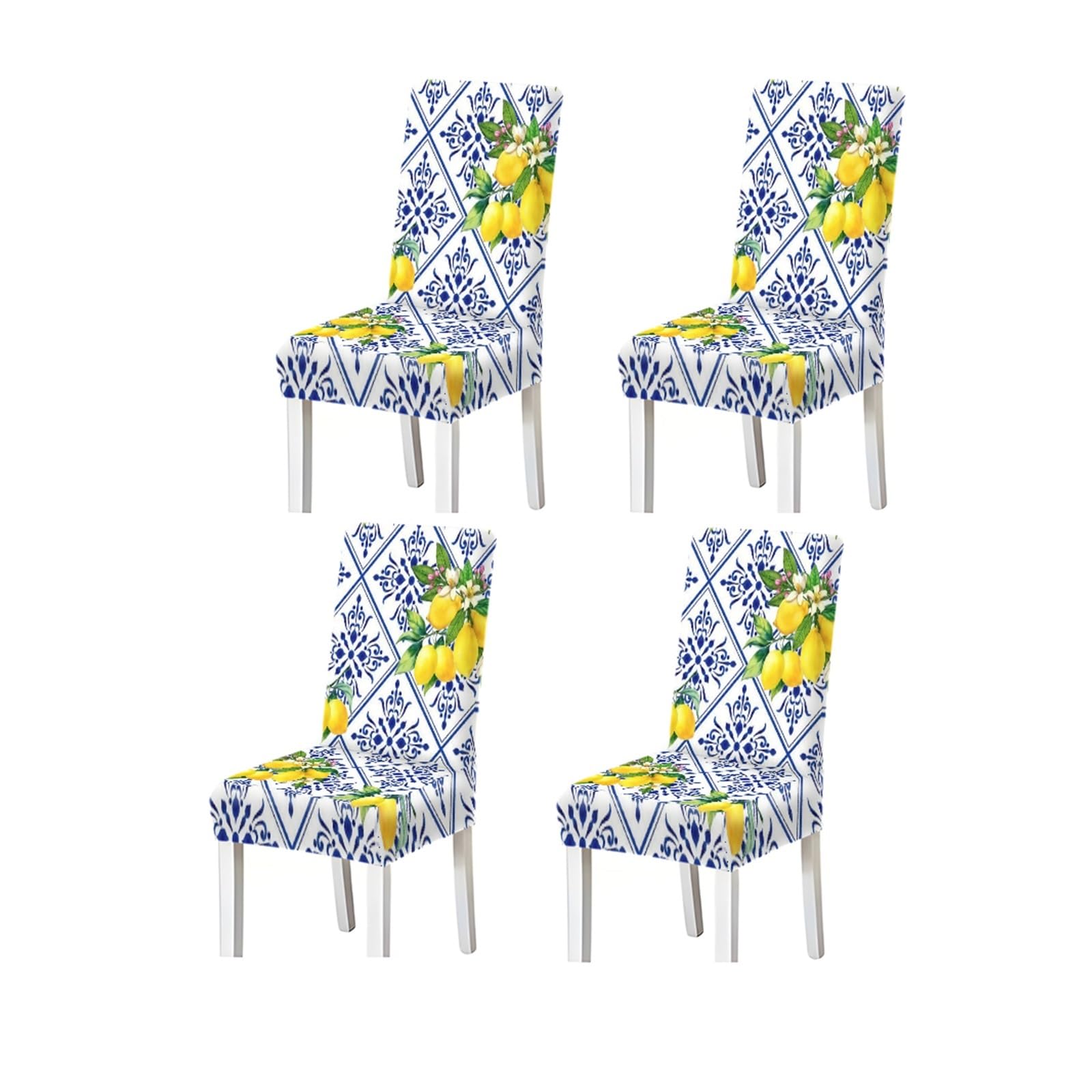 Blue White Lemon Chair Covers Set Of 2/4/6, Mediterranean Stretch Dining Chair Slipcovers Removable Stretch Slipcovers for Dining Chairs(4PCSChair cover)