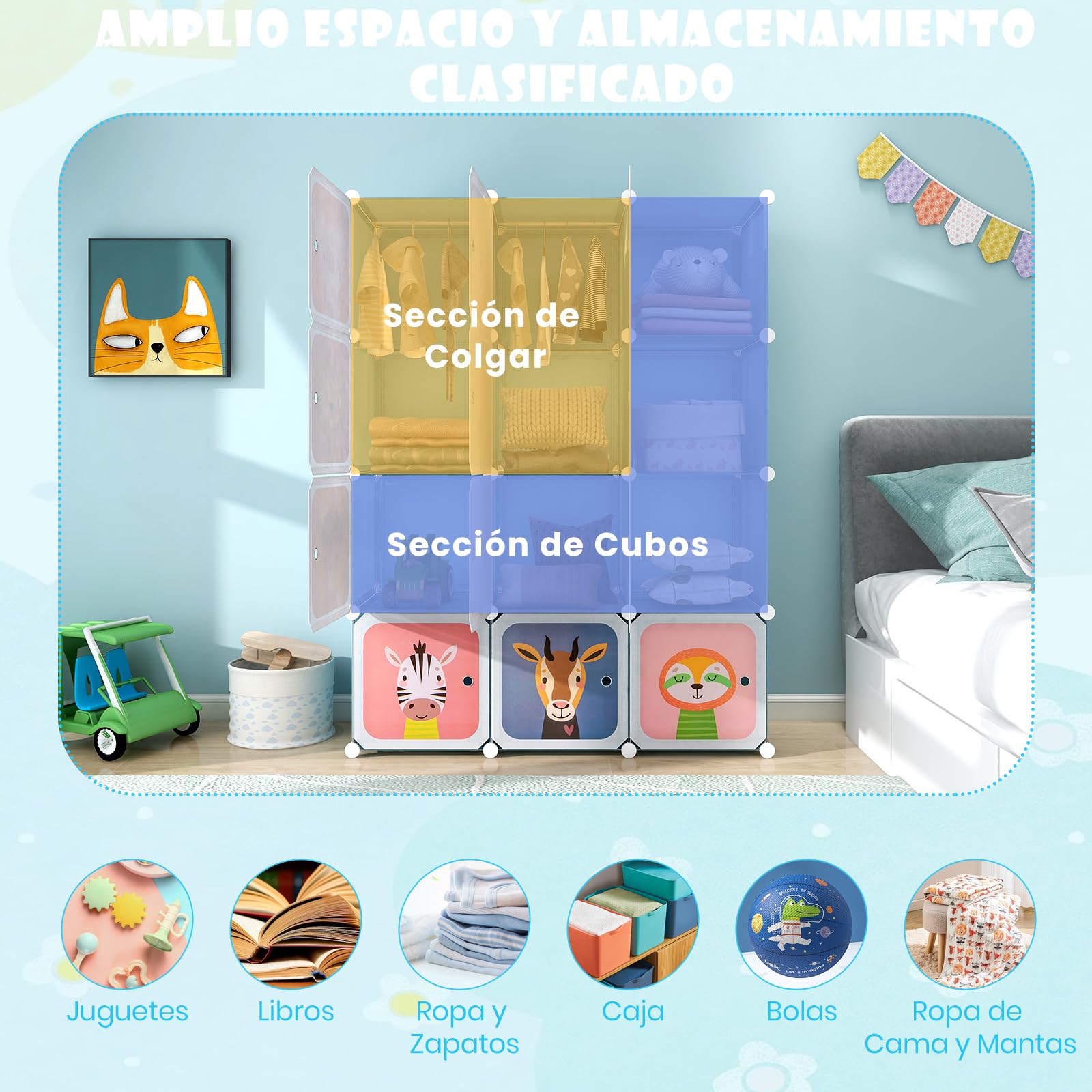 GOPLUS Armario Infantil Modular 12 Cubos 2 Barras Colgar Estante Animales Juguetes Zapatos Habitación Azul