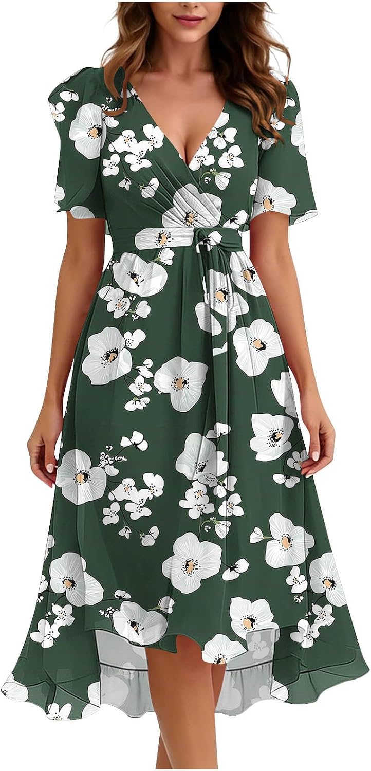 Floral Printed Maxi Dress for Women Elegant V Neck Wrap Boho Summer Dresses Short Sleeve A Line Smocked Waist Dress