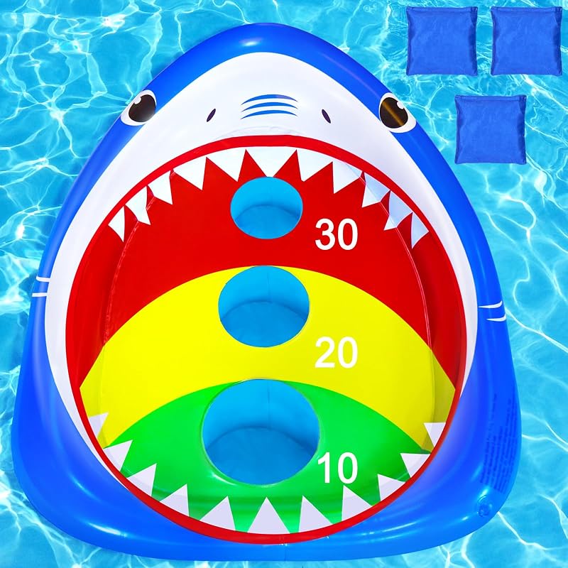 Juguetes de pileta para niños Juegos flotantes de tablero de cornhole de pileta de tiburones inflables | Divertido juego de natación al aire libre para adultos y familia, regalo genial de fiesta de verano para niños de 6 7 8 9 10 12 años