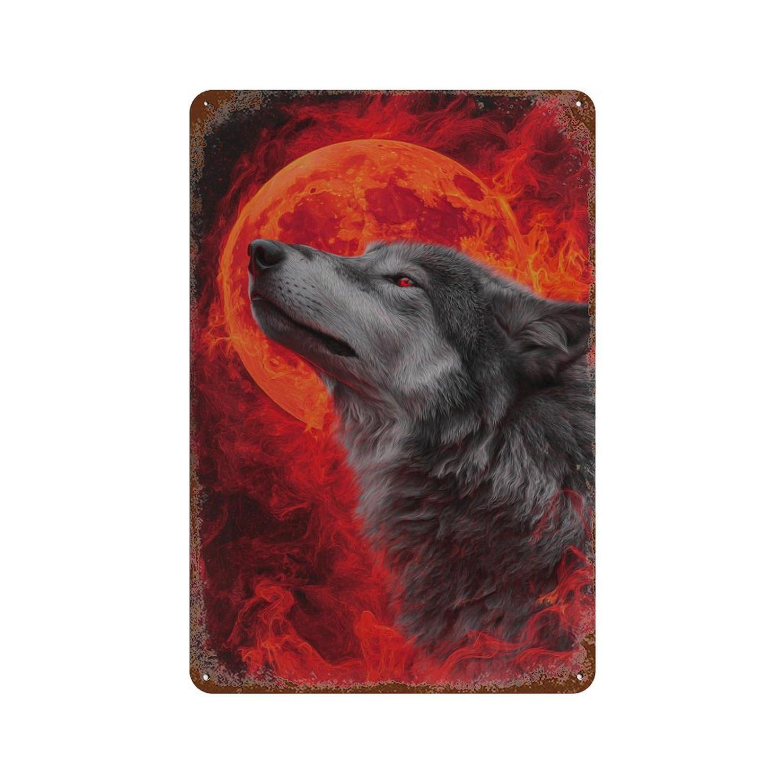 Retro Metal Sign Wolf Howling at Fiery Moon 11.8"x7.9", Decorative Metal Wall Art for Pub, Kitchen And Man Cave Decor