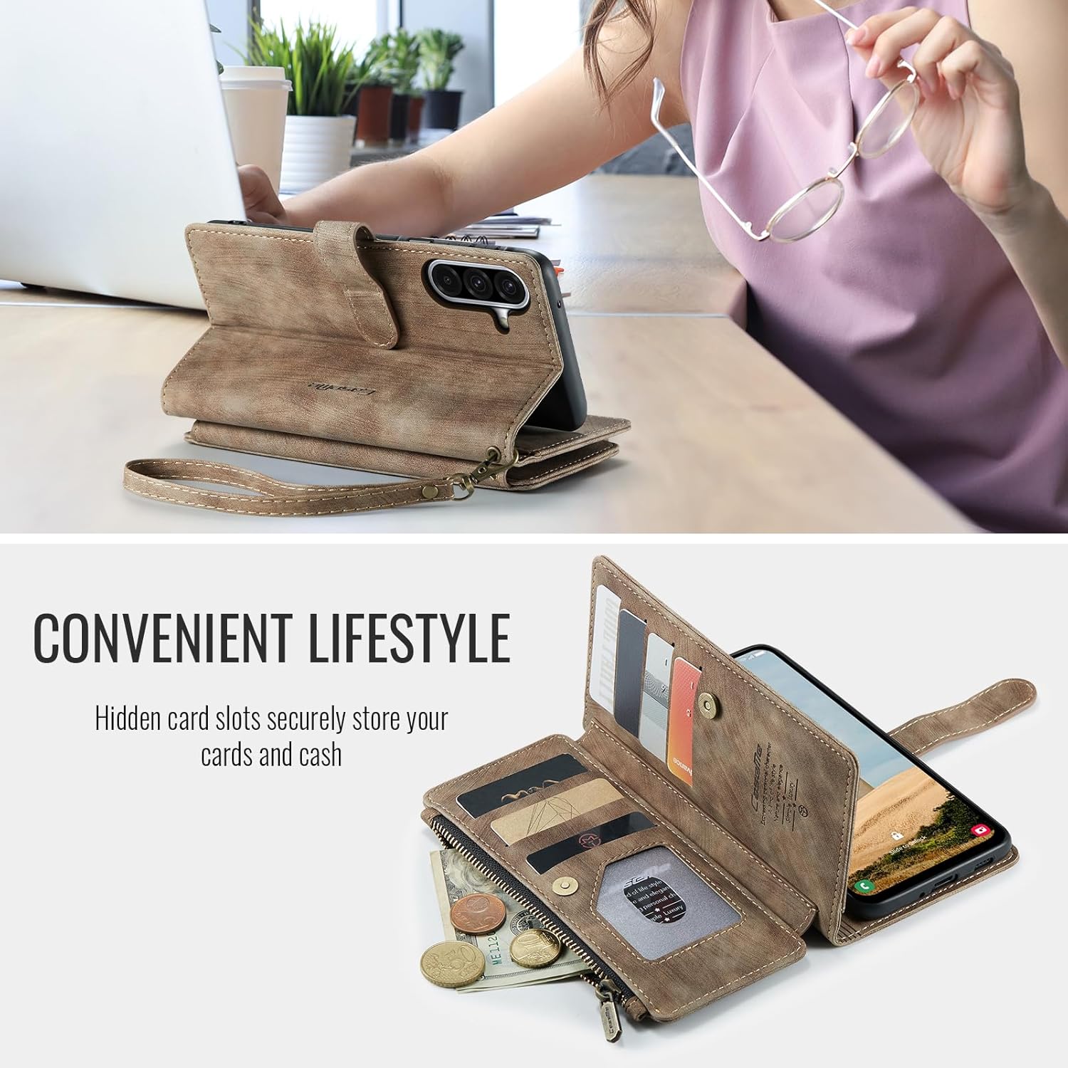 Compatible with Samsung Galaxy A17 5G Wallet Case with Card Holder Kickstand Magnetic Zipper Pocket Lanyard Strap Wristlet,Leather Flip Case Wallet for Samsung Galaxy A17 5G 6.7 Inch (Brown)