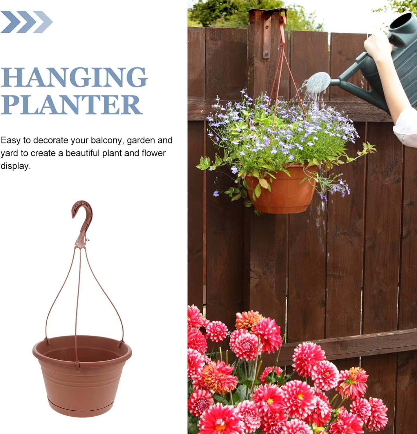 BESTonZON 3Pcs Hanging Planters for Indoor Plants, 10 Inch Plastic Flower Pots with Drainage Tray and Hooks, Large Outdoor Plant Basket Macetas Colgantes para Exterior