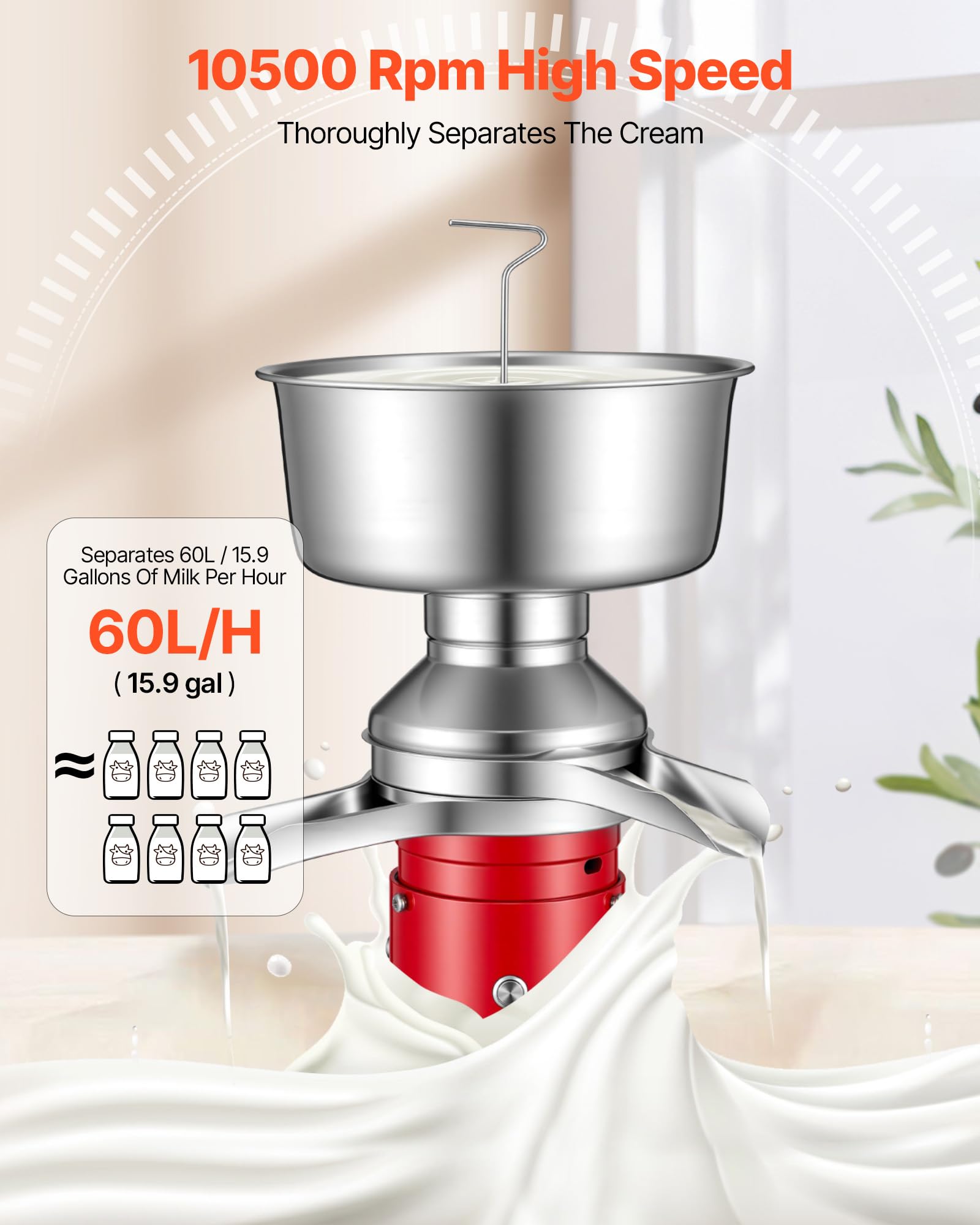 VEVOR Separatore di Latte Elettrico 40 W, Separatore di Latte da 60L/h con Base Rotondo Controllo a Pulsante, Macchina per Separazione di 10500 giri/min, Centrifuga per in Acciaio Inox 304
